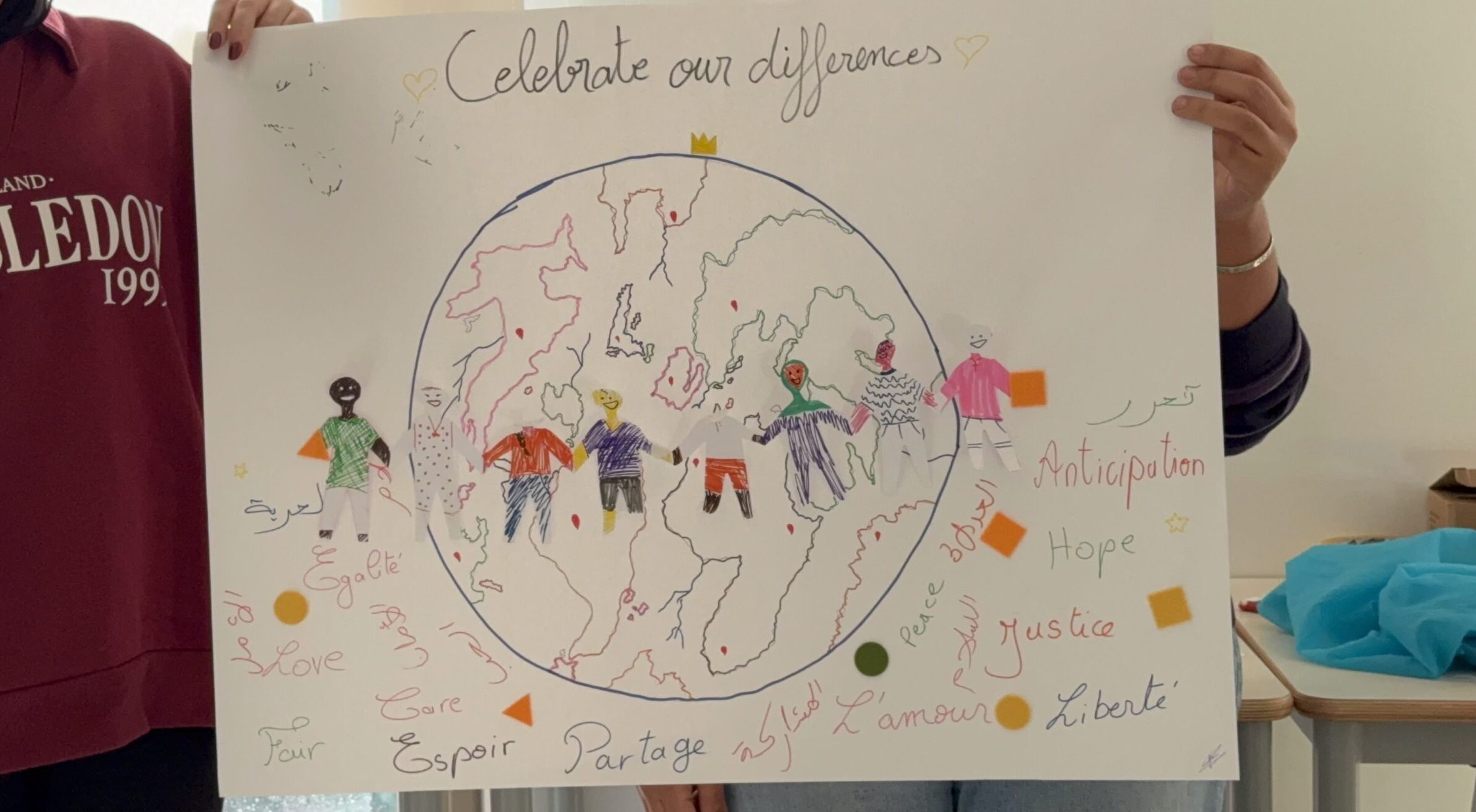 Student-produced artwork during a pedagogy of hope session, reimagining alternative futures grounded in values of justice, care, participation, and solidarity following engagement with sensitive and critical social issues.